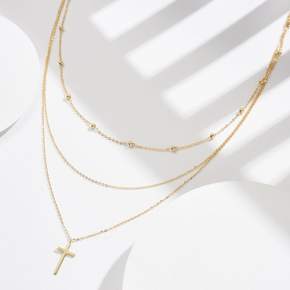 Silver Stainless Steel Triple Layered Beaded Cross Necklace, Multi Strand Chain with Round Ball Beads & Plain Cross Pendant