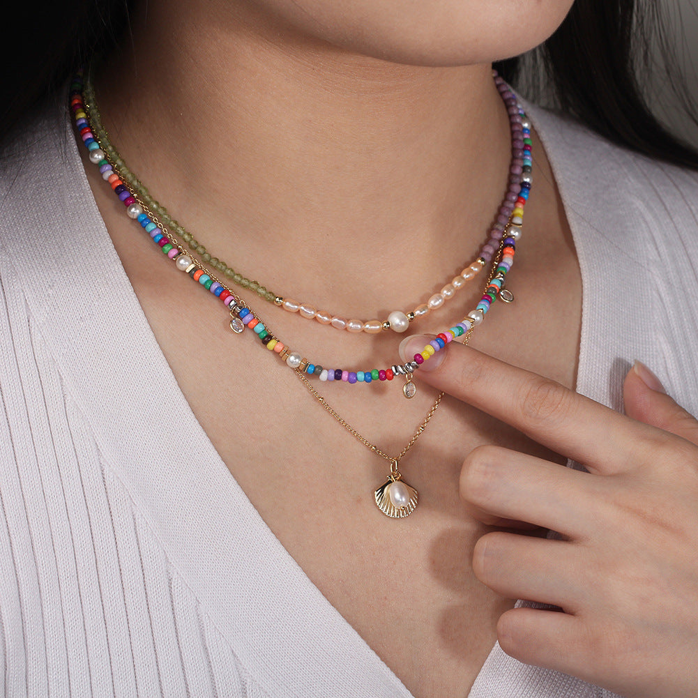 Gold Stainless Steel Rainbow Beaded Necklace, Mixed Color Seed Beads with Imitation Pearl & Oval CZ Charm Adjustable Chain