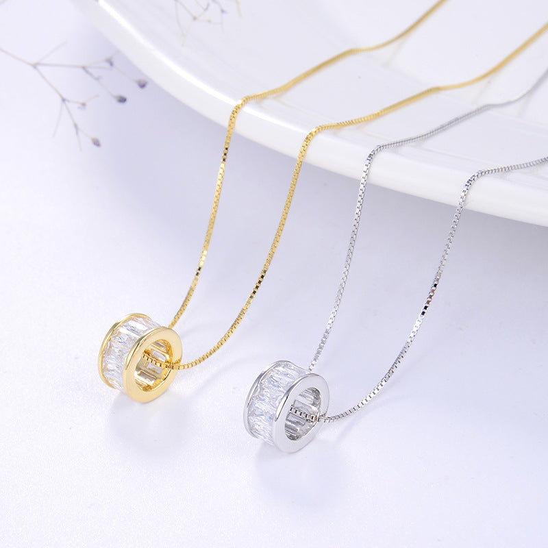 Gold Stainless Steel Cylinder Barrel Pendant Necklace, Horizontal Baguette Cut Clear CZ Inlaid Tube Charm Box Chain
