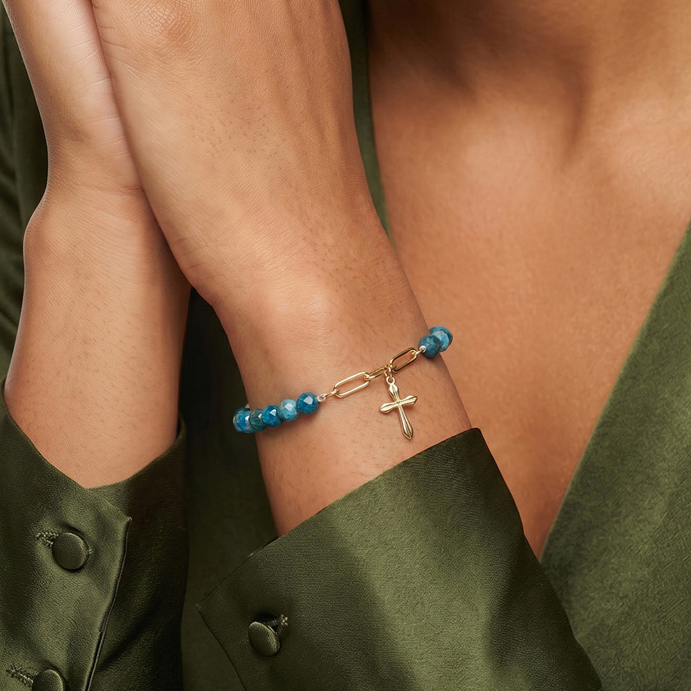 S925 Gold Plated Cross Charm Bracelet, Rice-shaped Lustrous Freshwater Pearls with Faceted Blue Apatite Stones, Paperclip Link & Cross Pendant