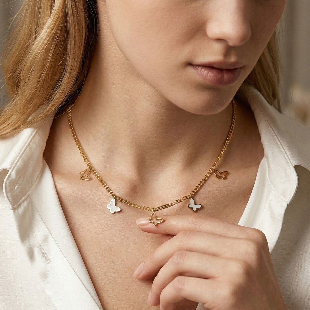 Gold Stainless Steel Butterfly Cuban Choker, Hollow Outline & White Shell Inlaid Butterfly Dangling Charms, Cuban Link Chain