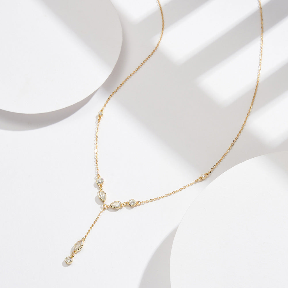 Gold Stainless Steel CZ Y-Drop Necklace, Round & Marquise Cut Cubic Zirconia Bezel Set Station Chain Lariat Necklace