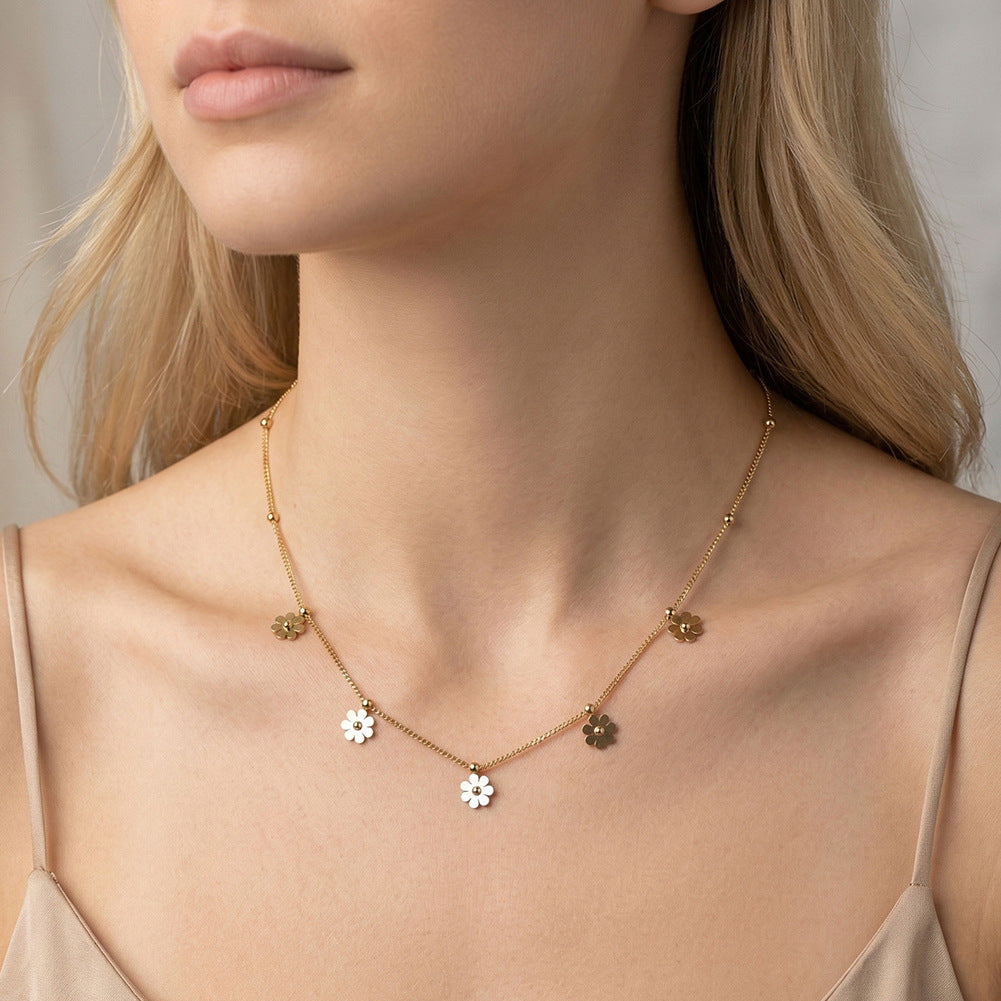 Gold Stainless Steel Flower Satellite Necklace, Multi Daisy Floral Charm & Tiny Bead Box Chain Choker