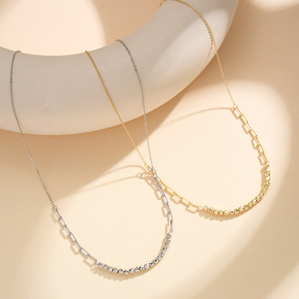 Gold Stainless Steel Mixed Link Faceted Bead Necklace, Paperclip Chain & Sparkling Cut Round Beads Choker