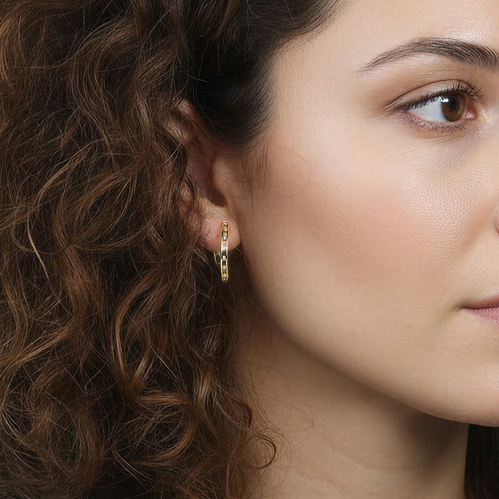 Gold Plated Stainless Steel Hollow Cutout Open C Hoop Earrings With Set CZ Stones