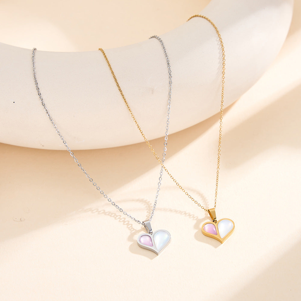 Gold Stainless Steel Rolo Chain Necklace, Split Two-Tone Pink & White Mother of Pearl Inlaid Heart Pendant