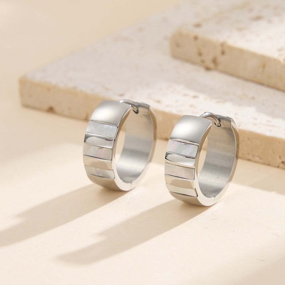 Silver Stainless Steel Chunky Multi Grooved Segment Huggie Hoop Earrings