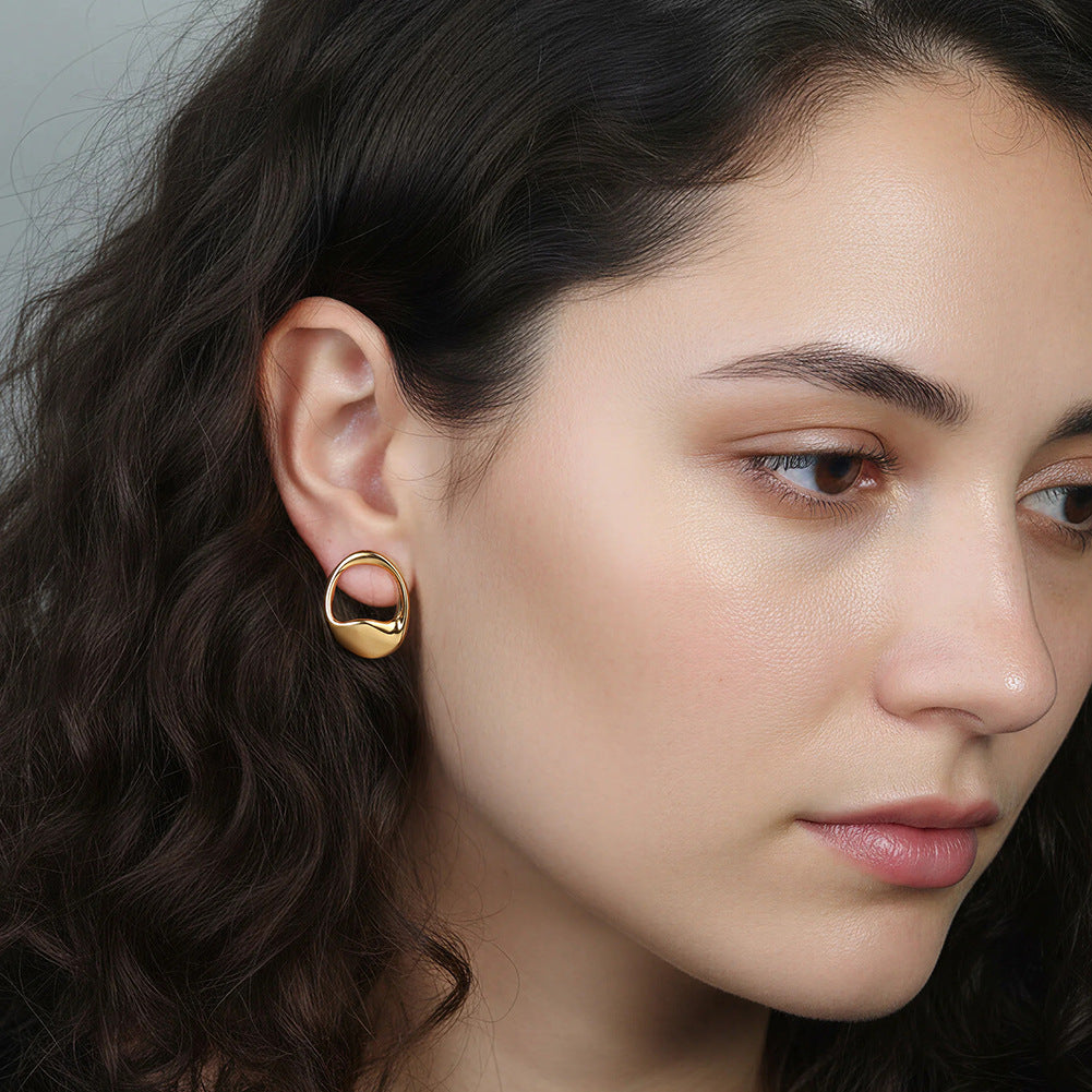 Gold Plated Stainless Steel Irregular Oval Hollow Frame Stud Earrings