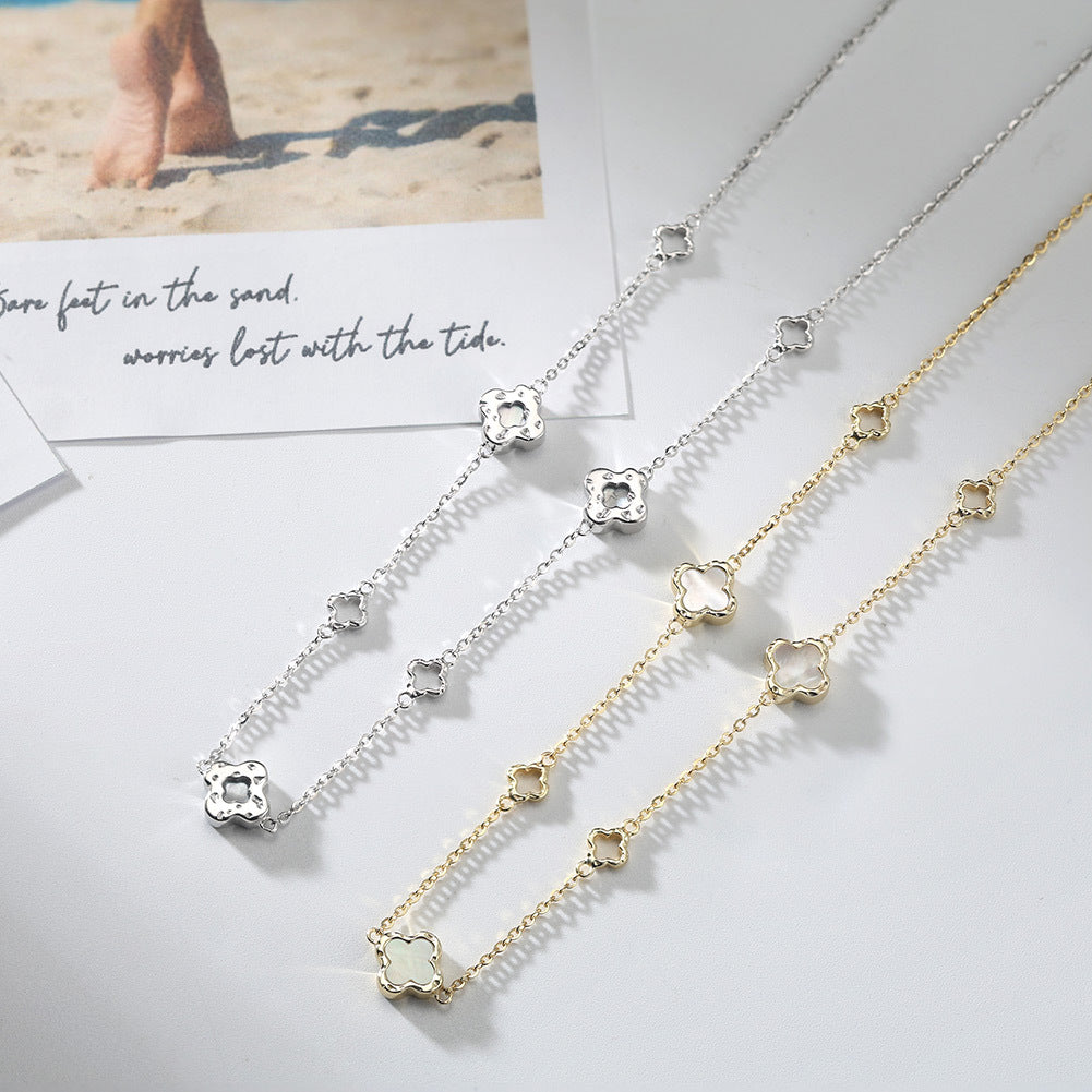 Silver Mother of Pearl Clover Station Necklace, Hollow Outline Four Leaf Clover with Natural White Mother of Pearl Inlay