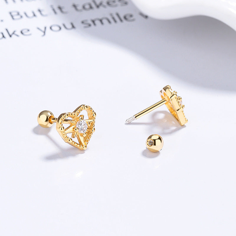 925 Sterling Silver Heart Screwed Earrings
