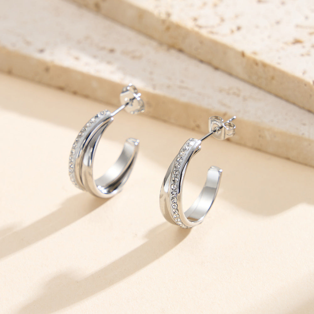 Gold Plated Stainless Steel Intertwined Double Band C Hoop Earrings Inlaid with CZ