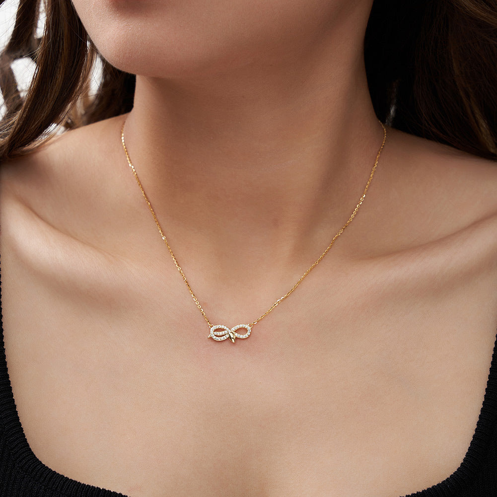 Gold Stainless Steel Snake Knot Pendant Necklace, Pave CZ Inlaid Twisted Snake Design on Dainty Cable Chain