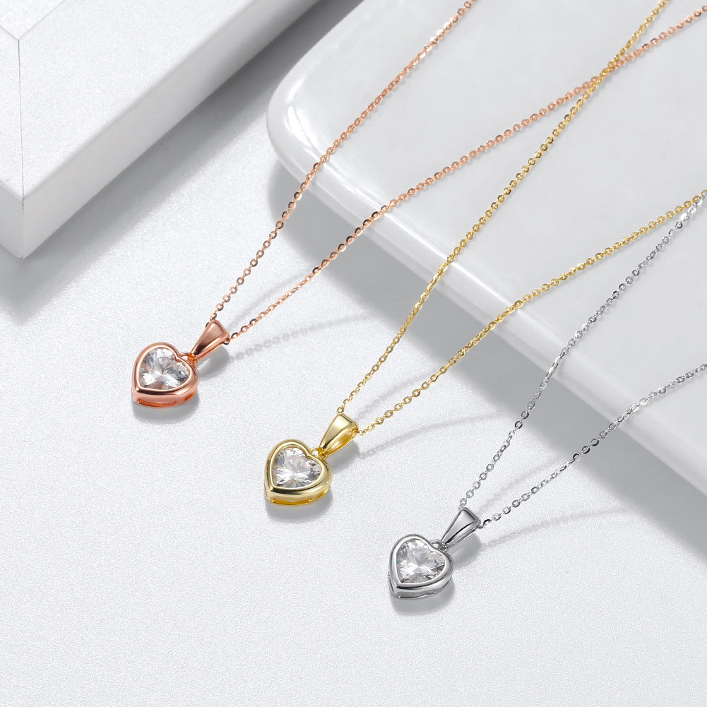 Gold Stainless Steel Bezel Set Heart CZ Pendant Necklace, Solid Heart Frame with Brilliant Clear Heart Cut Cubic Zirconia