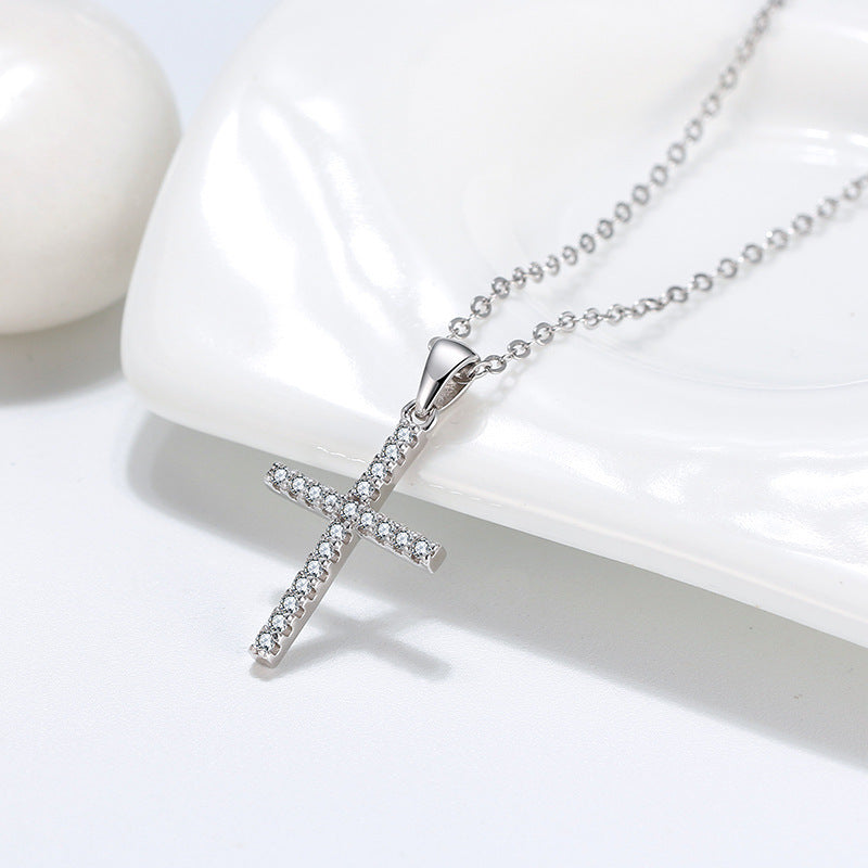 Silver Stainless Steel Full Pave CZ Cross Necklace, Clear Cubic Zirconia Encrusted Vertical Cross Pendant Rolo Chain