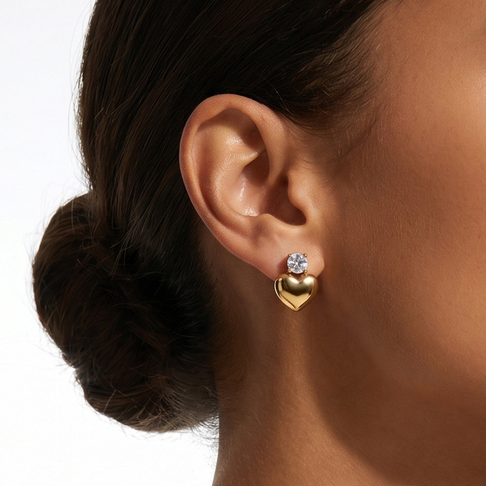 Gold Plated Stainless Steel Round CZ Stud Earrings with Puffy Heart Drop