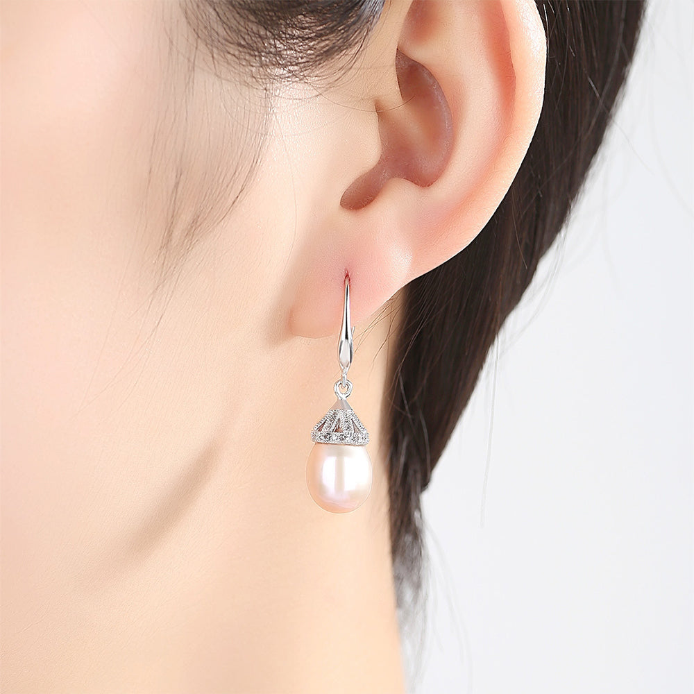 925 Sterling Silver Natural Pearl Drop Hook Earrings Fashion Jewelry Gift for Women Girls