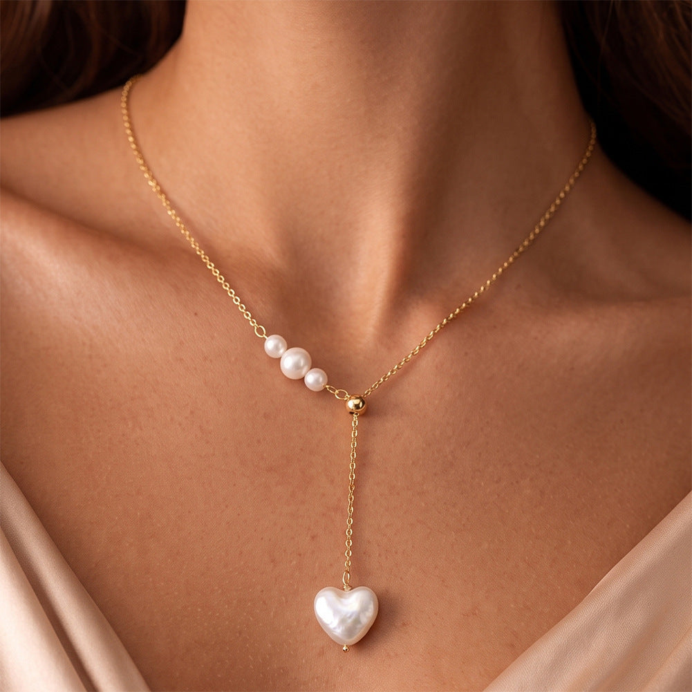 GPN116Adjustable Lariat Baroque Heart Freshwater Pearl Y Necklace, Iridescent Heart-shaped Pearl Pendant S925 Silver Chain