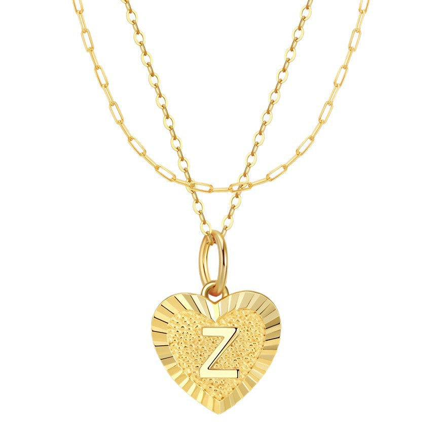 Gold Stainless Steel Layered Heart Initial Z Necklace, Double Paperclip Chain Hammered Textured Heart Letter Z Pendant