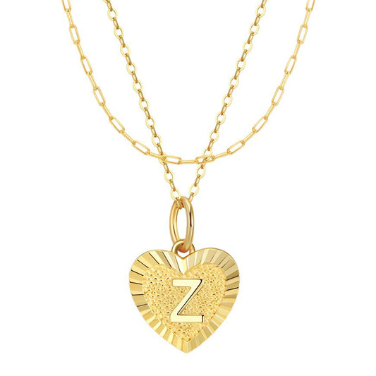 Gold Stainless Steel Layered Heart Initial Z Necklace, Double Paperclip Chain Hammered Textured Heart Letter Z Pendant