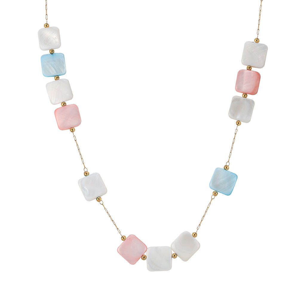 Gold Stainless Steel Square Shell Beaded Necklace, Multicolor Pink Blue White Mother of Pearl Square Beads, Rolo Link Chain