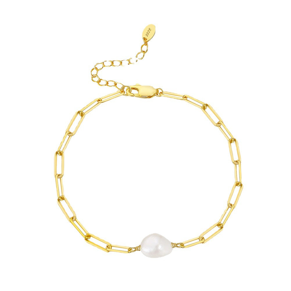 S925 Sterling Silver Crushed Chip Bead Bracelet, Large Teardrop Baroque Freshwater Pearl Centerpiece, Irregular Silver Chips, Adjustable Extension Tag