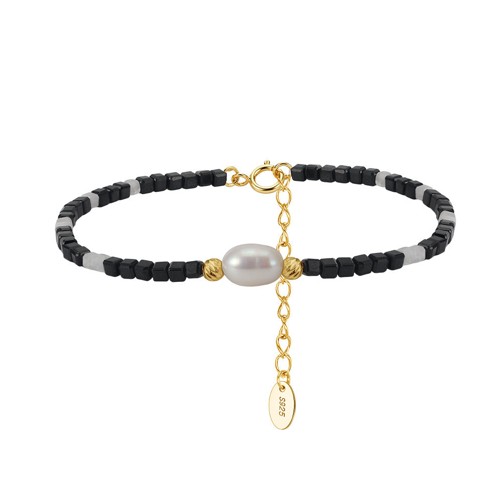 S925 Gold Plated Mini Bead Bracelet, Single Center Lustrous Baroque Freshwater Pearl, Black & Grey Tiny Cube Beads, Adjustable Extension Chain
