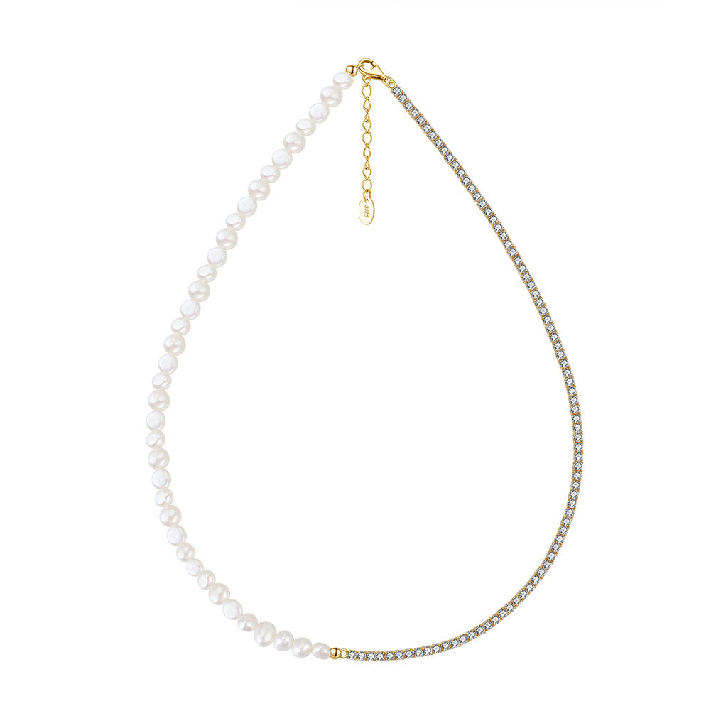 Half Pearl Half Tennis Chain Gold Necklace, Lustrous Irregular Freshwater Pearl Choker with Cubic Zirconia Tennis Chain & Extender