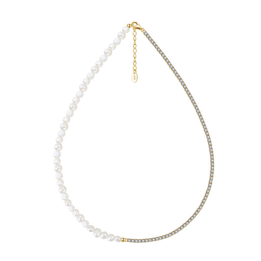 Half Pearl Half Tennis Chain Gold Necklace, Lustrous Irregular Freshwater Pearl Choker with Cubic Zirconia Tennis Chain & Extender