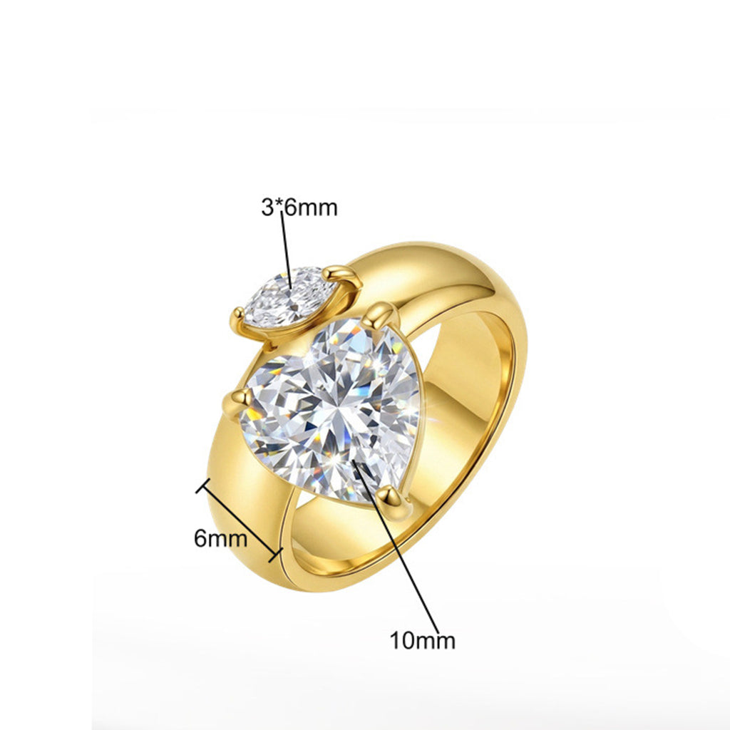 Stainless Steel Gold Plated Chunky Band Ring with Large Heart CZ and Marquise CZ