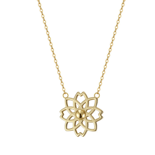 Stainless Steel Hollow Mandala Flower Necklace, Gold Plated Openwork Floral Pendant Necklace, Delicate Cutout Bloom Choker for Women