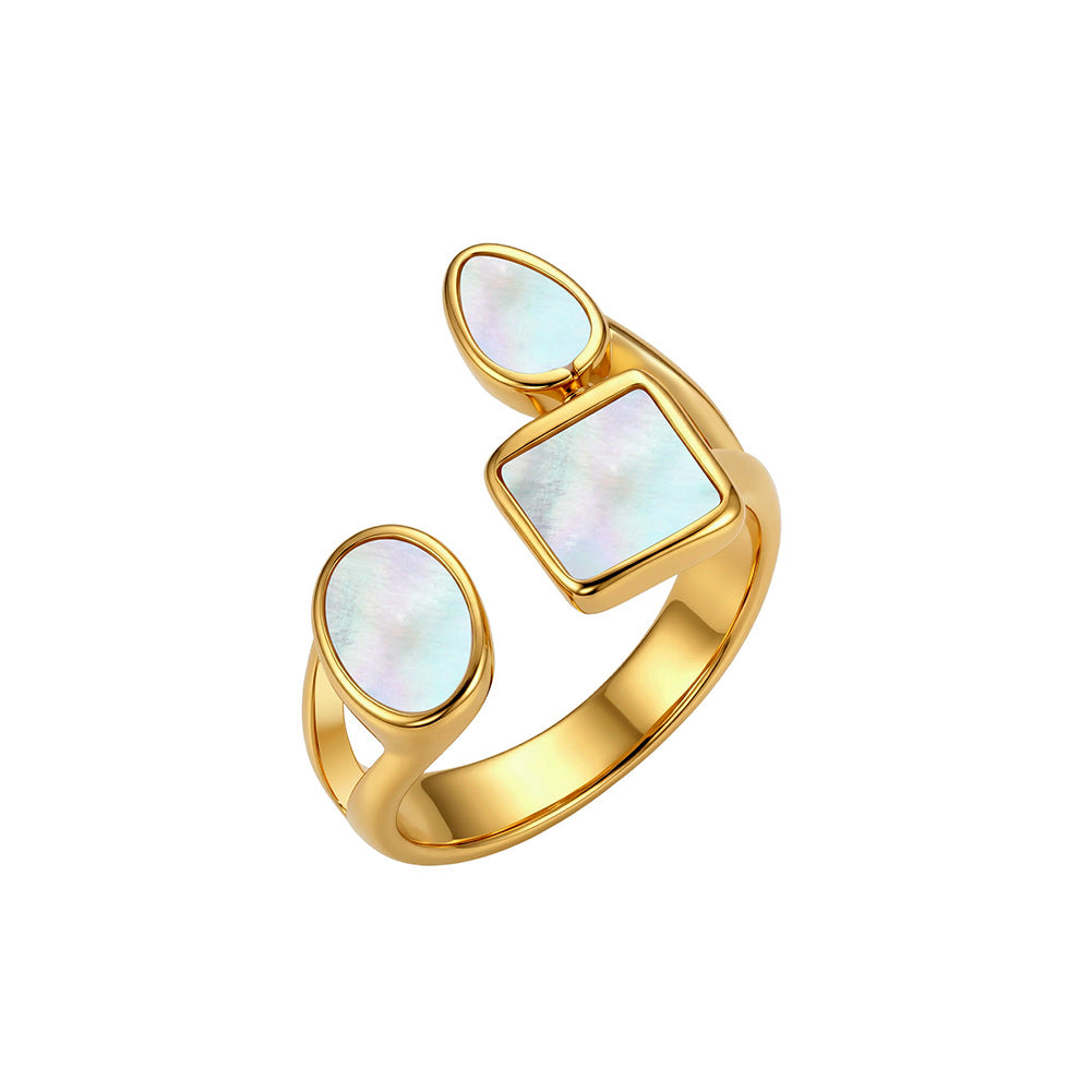 Gold Plated Stainless Steel Open Cuff Ring, Square & Oval Mother of Pearl Inlay