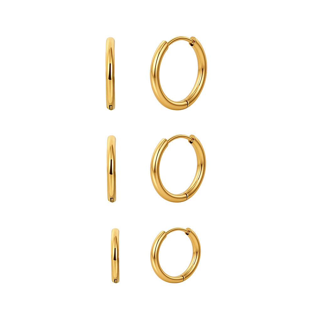 Gold Plated Stainless Steel Polished Round Huggie Hoop Earring Set, 3 Pairs