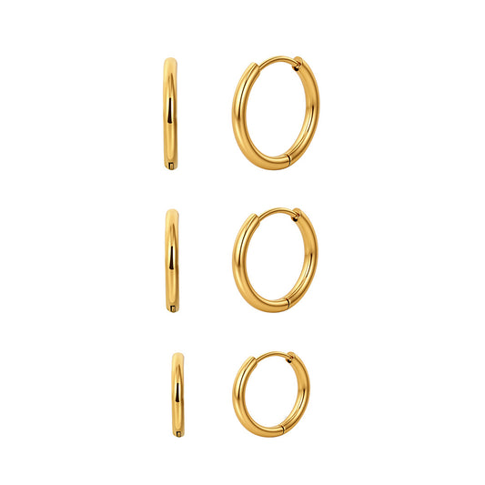 Gold Plated Stainless Steel Polished Round Huggie Hoop Earring Set, 3 Pairs