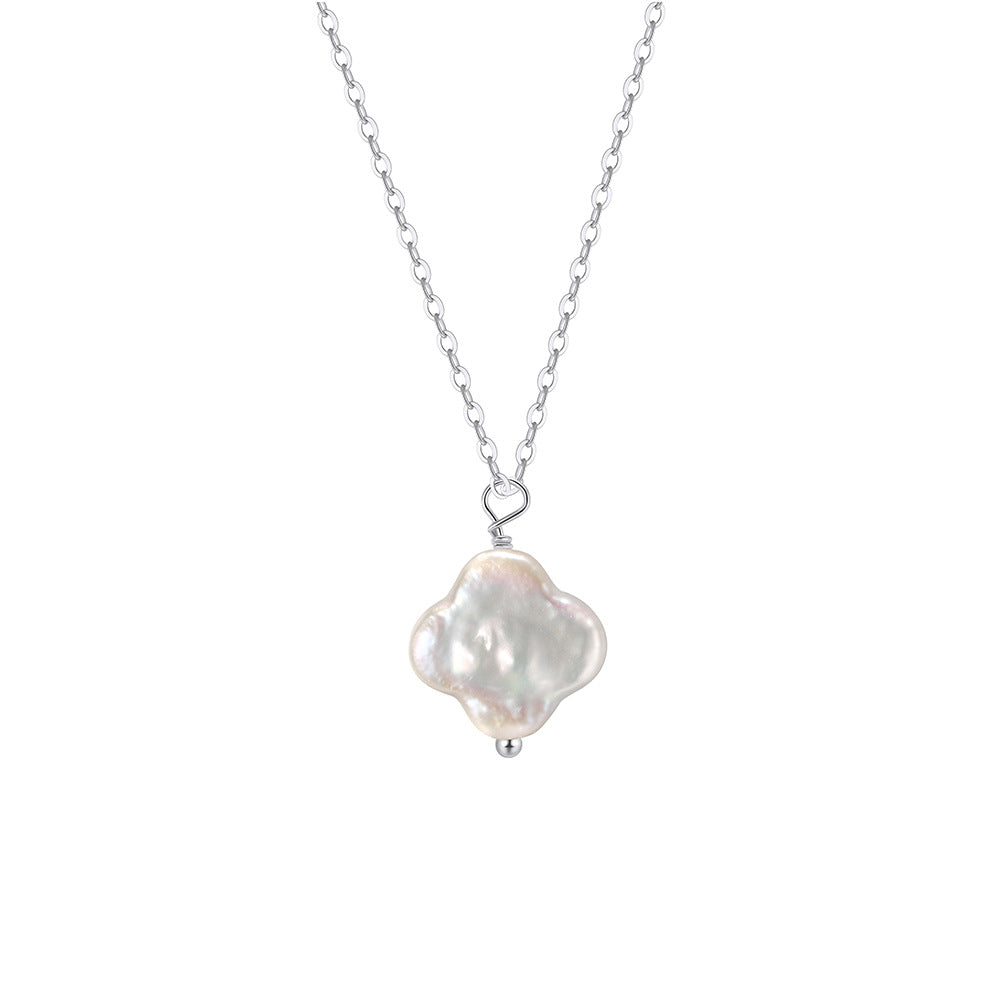 Four Leaf Clover Baroque Freshwater Pearl Pendant Necklace, Iridescent Organic Shape Pearl Charm Dainty S925 Silver Cable Chain