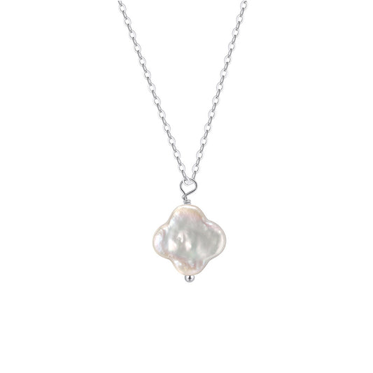 Four Leaf Clover Baroque Freshwater Pearl Pendant Necklace, Iridescent Organic Shape Pearl Charm Dainty S925 Silver Cable Chain