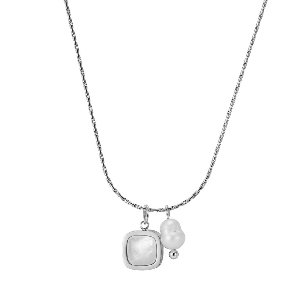 Gold Stainless Steel Dainty Square Pendant Necklace, Square White Mother of Pearl Charm with Baroque Pearl & Tiny Gold Ball Accent