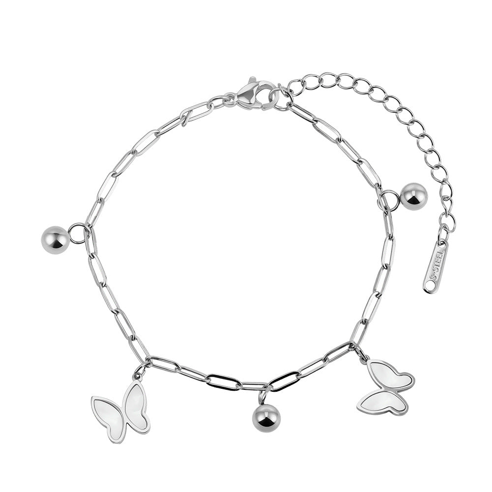 Silver Stainless Steel Paperclip Chain Butterfly Bracelet, 2 Mother of Pearl Butterfly Charms & Polished Round Ball Beads
