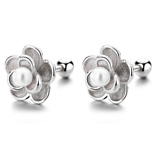 925 Sterling Silver Flower Screw Back Stud Earrings