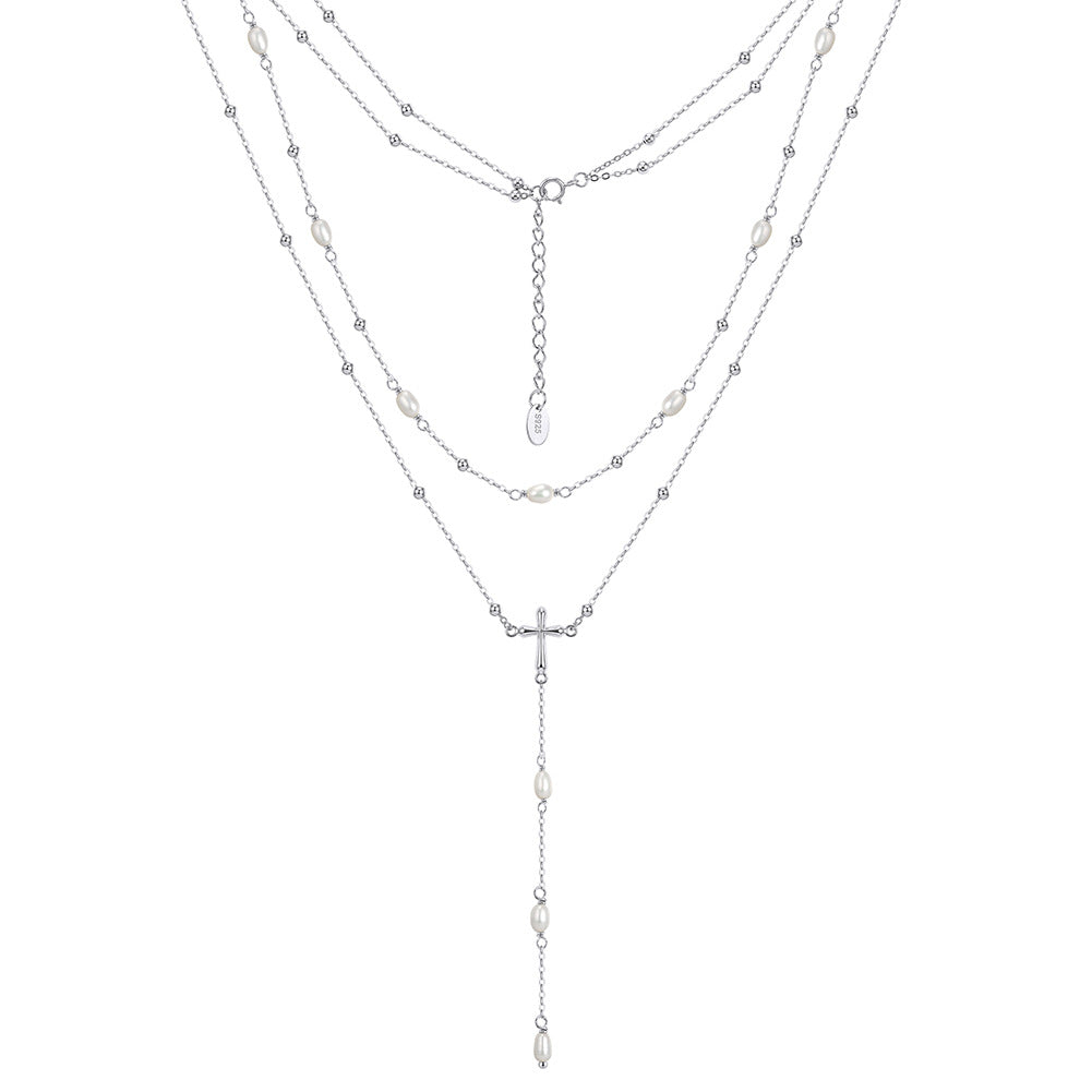 Multi Layer Y Drop Freshwater Pearl Cross Necklace, Dainty Lustrous Rice Pearls Layered Chain with Cross Lariat Pendant S925 Silver