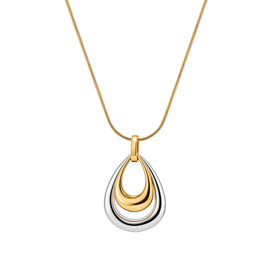 Two Tone Gold & Silver Stainless Steel Layered Teardrop Necklace, 3 Interlocking Hollow Teardrop Pendants Snake Chain