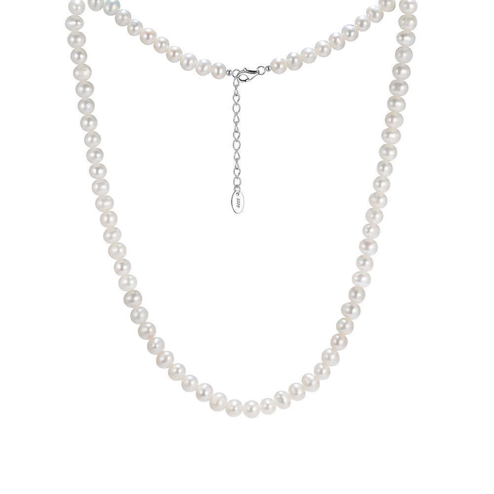 Graduated Lustrous White Freshwater Pearl Full Strand Necklace, Irregular Cultured Pearls S925 Silver Adjustable Chain