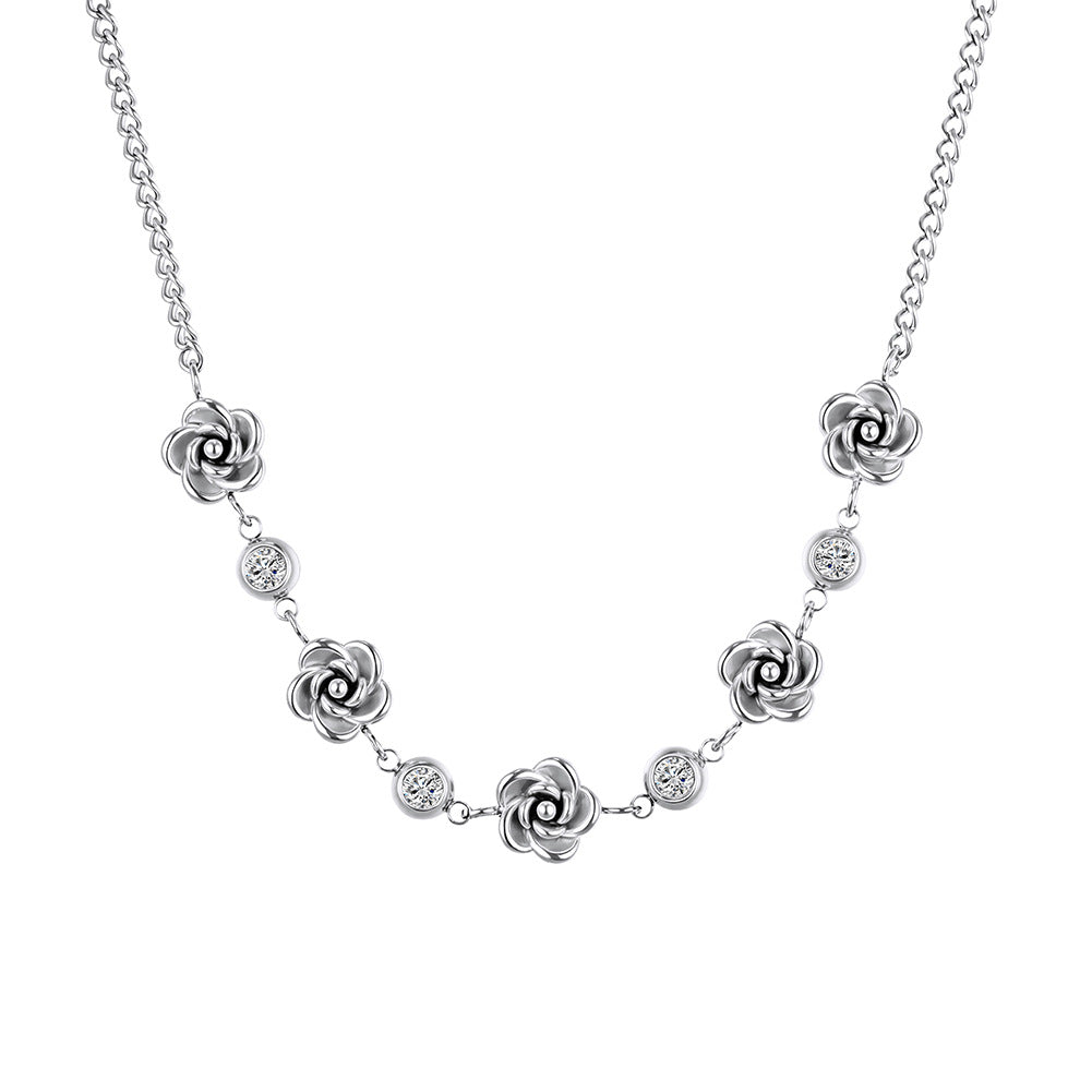 Silver Stainless Steel Rose Flower Station Necklace, 3D Sculpted Rose Charms with Bezel Set Round CZ Stones, Rolo Chain
