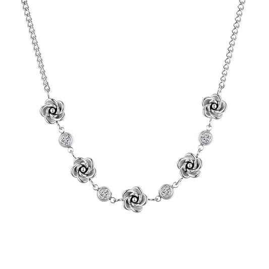Silver Stainless Steel Rose Flower Station Necklace, 3D Sculpted Rose Charms with Bezel Set Round CZ Stones, Rolo Chain