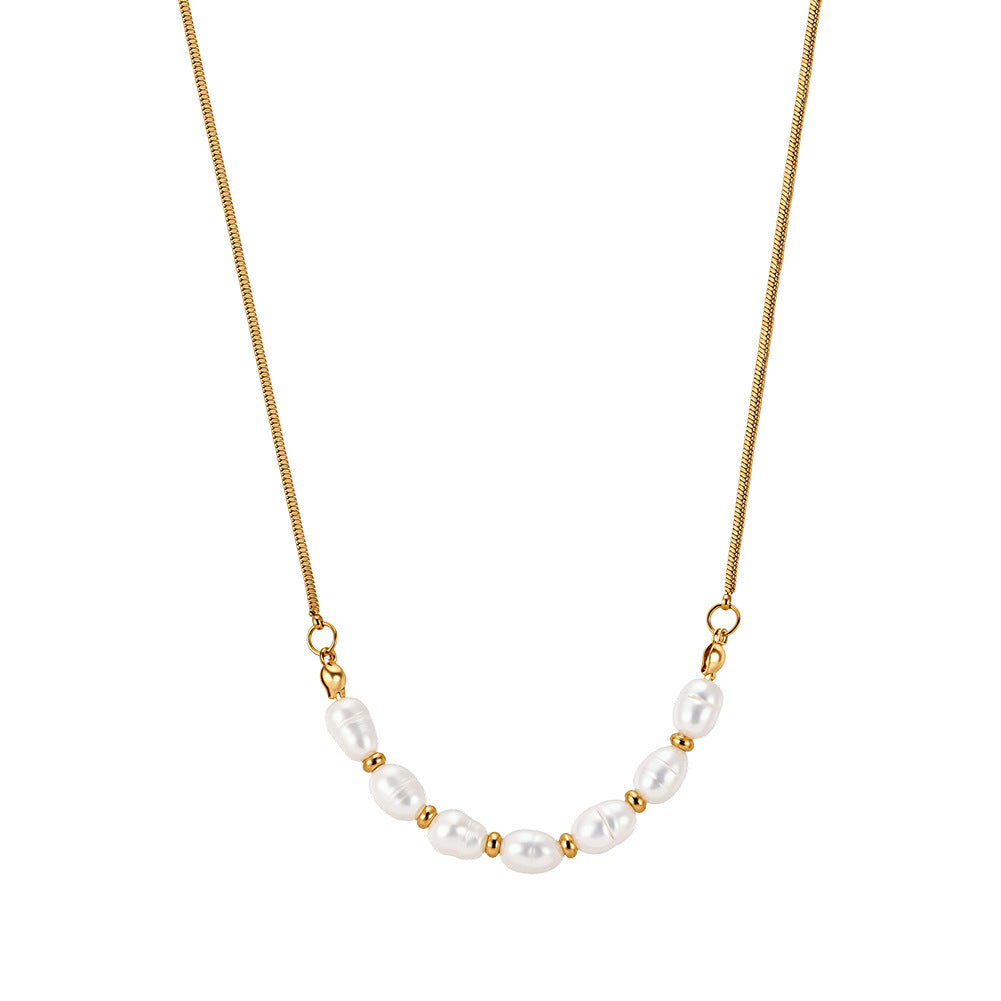Gold Stainless Steel Baroque Pearl Choker Necklace, Snake Chain With Rice Pearl & Tiny Gold Bead Station Necklace