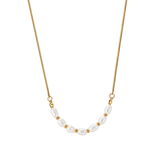 Gold Stainless Steel Baroque Pearl Choker Necklace, Snake Chain With Rice Pearl & Tiny Gold Bead Station Necklace