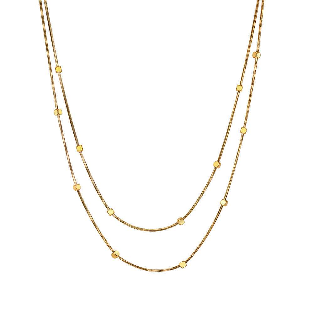 Gold Stainless Steel Double Layer Station Necklace, Thin Snake Chain with Small Square Flat Beads, 2-Tier Stackable Design
