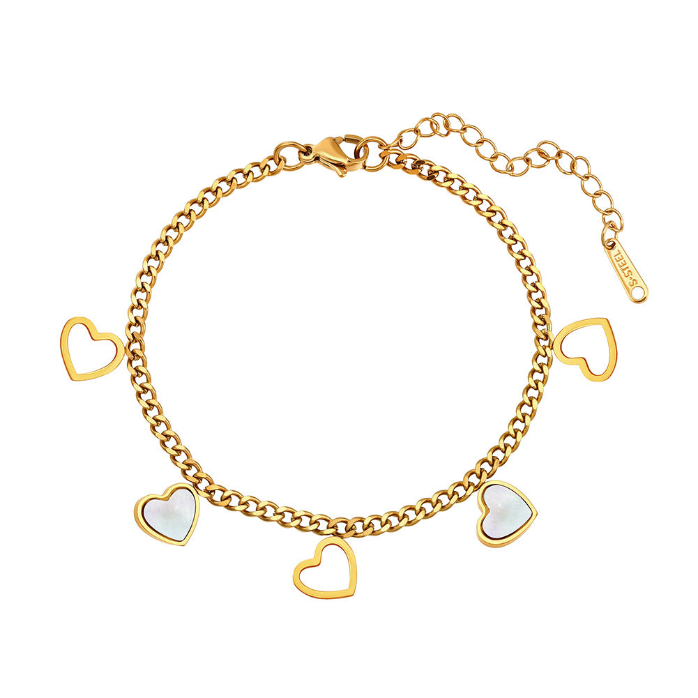 Gold Plated Stainless Steel Curb Chain Heart Bracelet, Hollow Outline Hearts & White Mother of Pearl Inlaid Heart Charms
