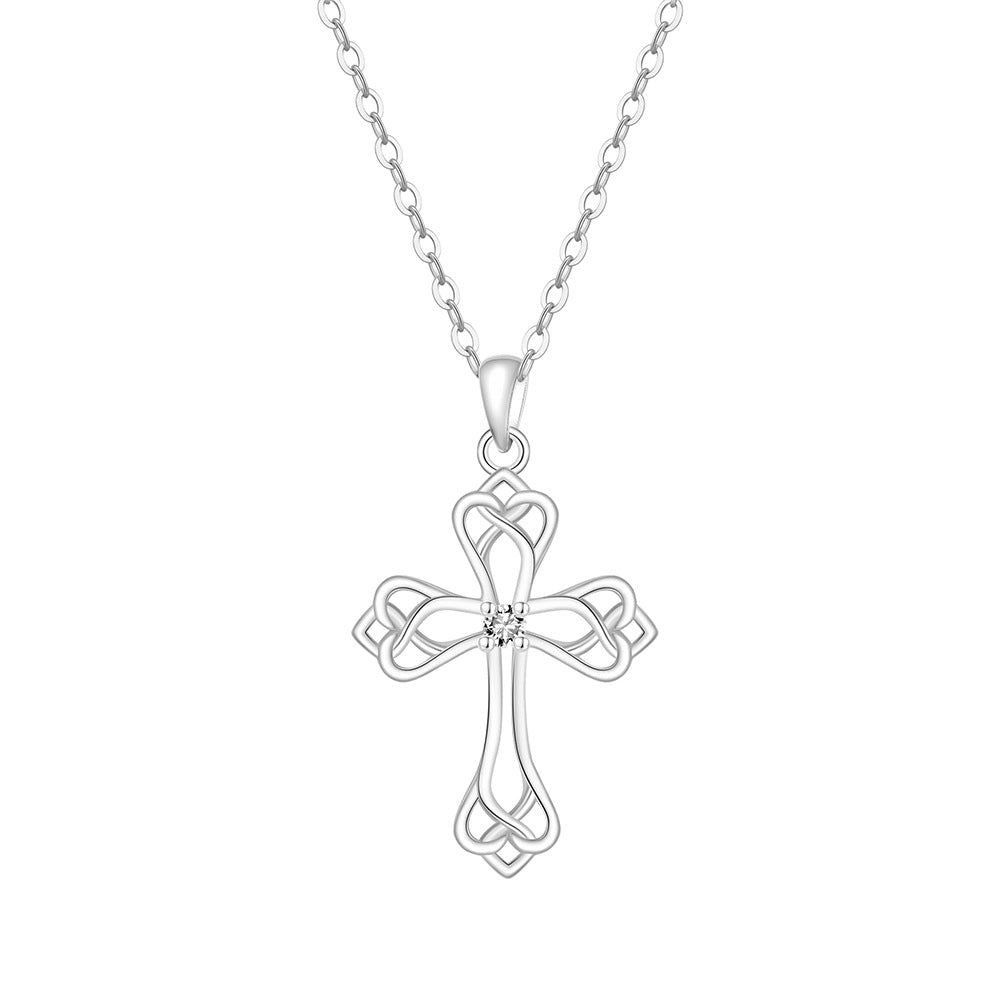 Gold Stainless Steel Celtic Knot Cross Necklace, Hollow Interwoven Cross with Center CZ Pendant