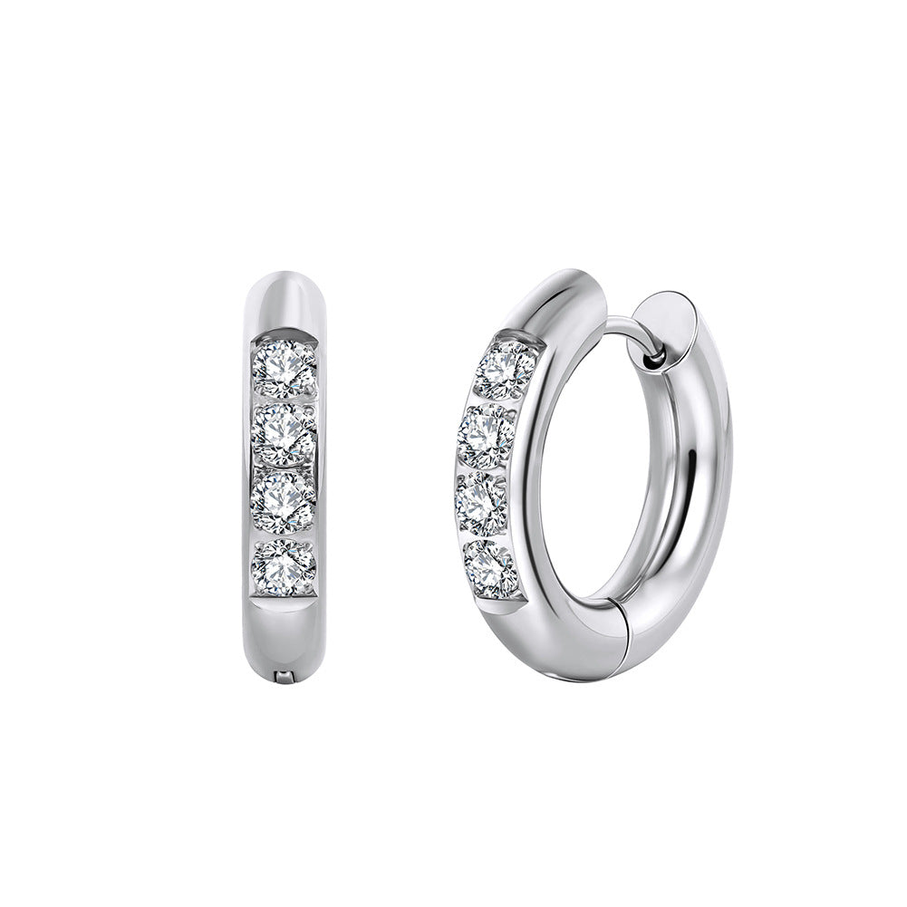 Silver Stainless Steel 4 Round CZ Paved Huggie Hoop Earrings