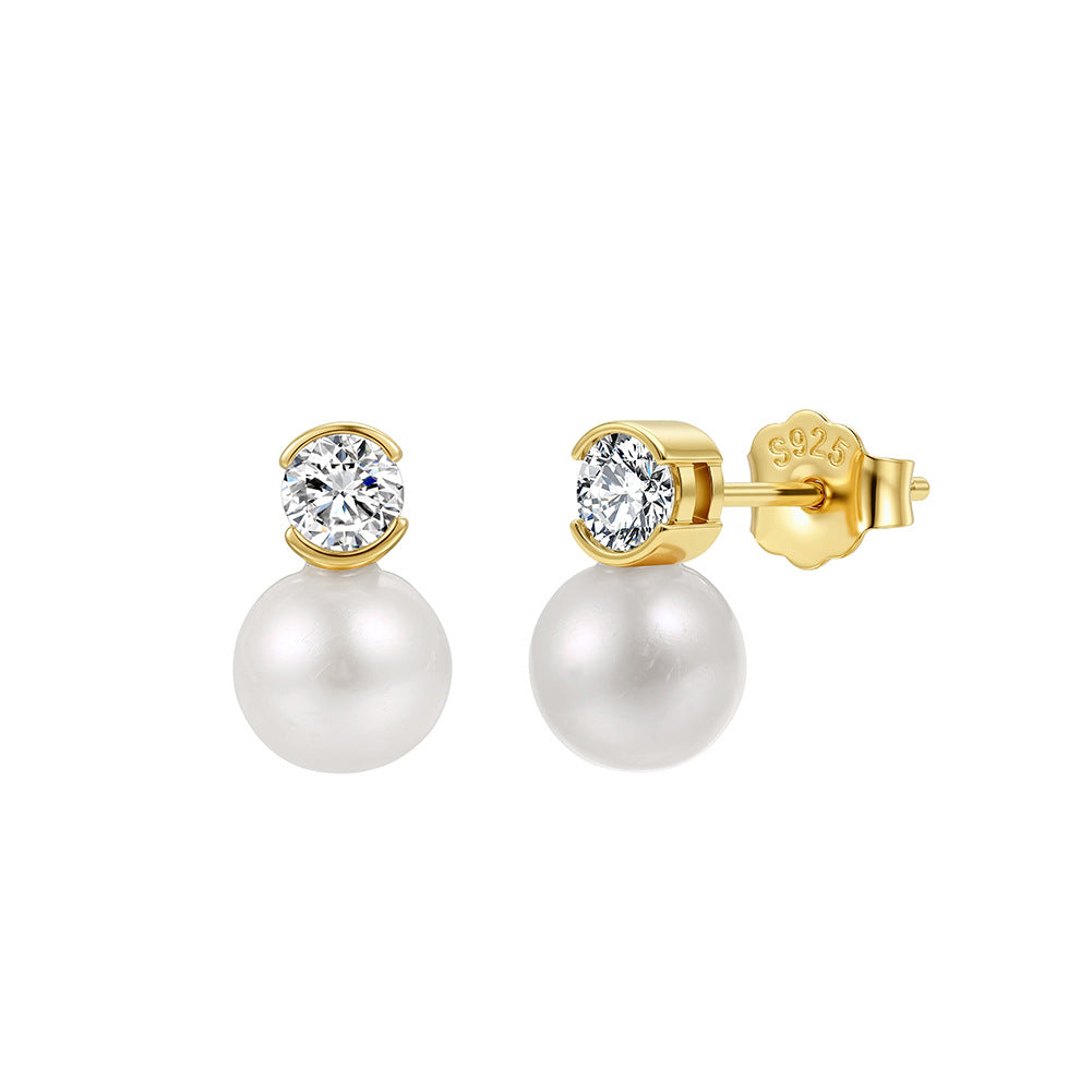 S925 Sterling Silver Half Bezel Round CZ & Large Lustrous Round Freshwater Pearl Stud Earrings for Women
